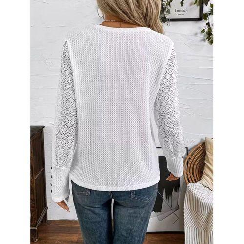 Kadın Uzun Kollu Bisiklet Yaka Kolları Tüllü Waffle Bluz