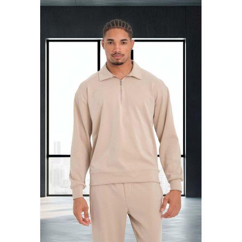 Scuba Modal Kumaş Relaxed Fit Yarım Fermuarlı Polo Yaka Erkek Sweatshirt - Bej