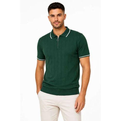 Erkek Fitilli Triko T-shirt Polo Yaka Yarım Fermuarlı Kısa Kollu Tişört - Yeşil