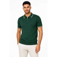 Erkek Fitilli Triko T-shirt Polo Yaka Yarım Fermuarlı Kısa Kollu Tişört - Yeşil