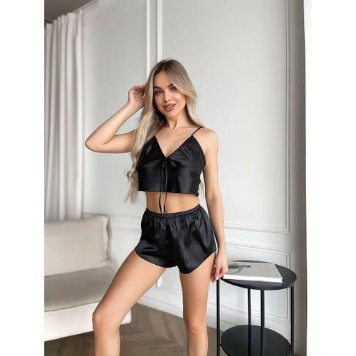 İnce Askılı Siyah Saten Şortlu Takım