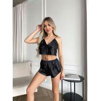 İnce Askılı Siyah Saten Şortlu Takım