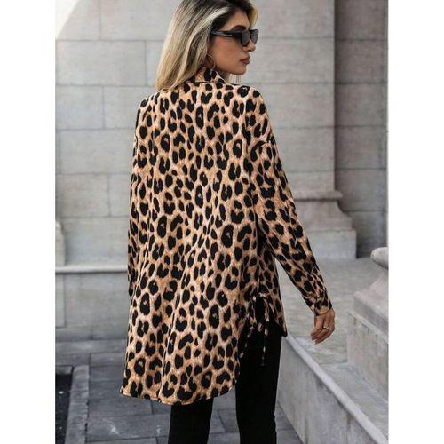 Kadın Uzun Kollu Yakalı önden Düğmeli Yandan Bağcıklı Leopar Desenli Modal Bluz