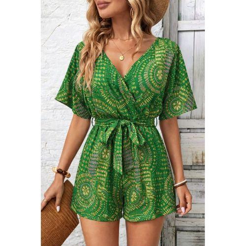 Kadın Kısa Kollu Kruvaze Yakalı Belden Kuşaklı Desenli Kısa Süprem Tulum