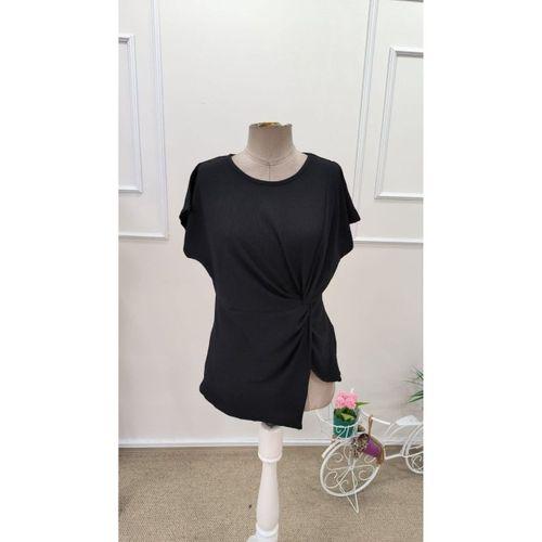 Kadın Kısa Kollu Yuvarlak Yakalı Yandan Sarmal Detaylı Bürümcük Bluz