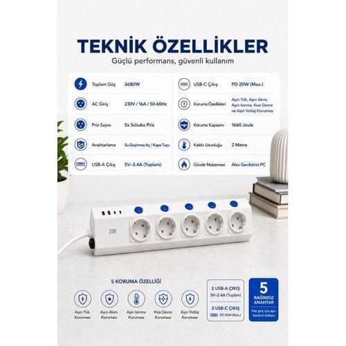 5’li Akım Korumalı Çoklu Priz 2 Metre Kablolu 3680w 16a 5 Anahtarlı 2usb-a 2 Usb-c Pd 20w Hızlı Ftr-28