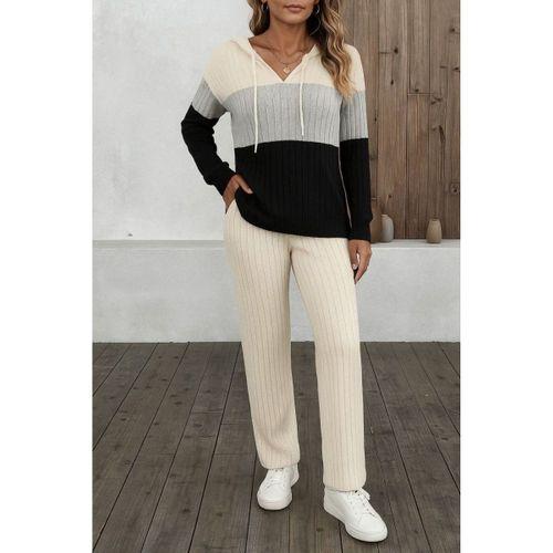 Kadın Uzun Kollu Kapşonlu Bağcıklı Blok Renkli şardonlu Kaşkorse Bluz Ve Pantolon Ikili Takım