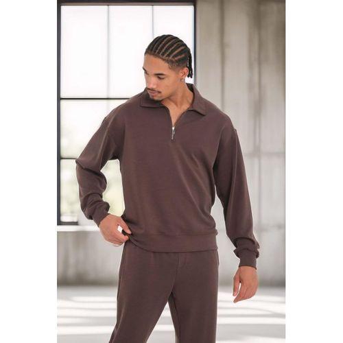Scuba Modal Kumaş Relaxed Fit Yarım Fermuarlı Polo Yaka Erkek Sweatshirt - Kahve