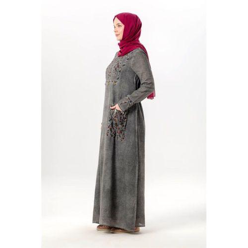 Uzun Kol Sultan Tek Cepli Yazlık Uzun Poplin Elbise Füme Fm