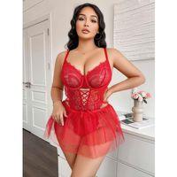 Kadın Çapraz İpli Dantelli Büyük Beden Tüllü Transparan Fantezi Gecelik 8008