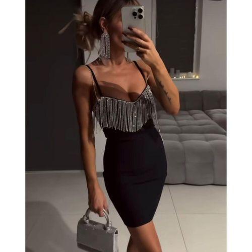 Kadın Omuz Askılı Taş Detay Mini Elbise