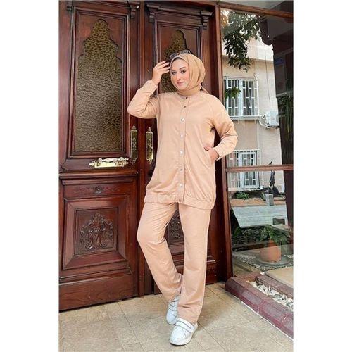 Çıtçıtlı Yandan Cepli İkili Sade Basic Eşofman Spor Takımı - 12009.026 - Bej