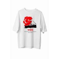19 Mayıs Atatürkü Anma Gençlik Ve Spor Bayramı Baskılı Oversize T-shirt - Beyaz