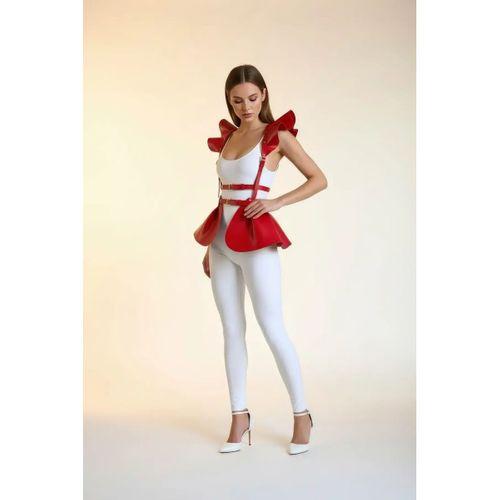 Kırmızı Etek Deri Volanlı Omuz Peplum - Brf1001