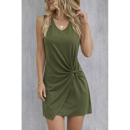 Kadın Askılı V Yakalı Yandan Asimetrik Detaylı Kısa Viskon Elbise