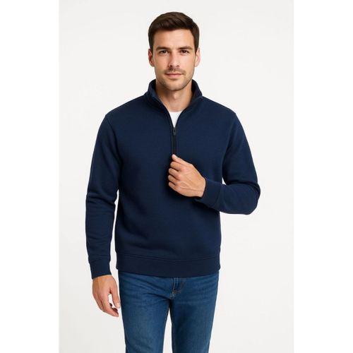 Erkek Dik Yaka Sweatshirt Dik Yaka Yarım Fermuarlı 3 İplik Şardonlu Pamuk Kumaş - Lacivert