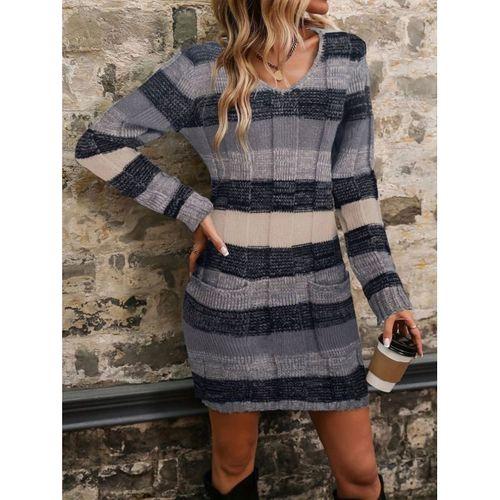 Kadın Uzun Kollu V Yakalı çizgili çok Renkli Triko Mini Elbise