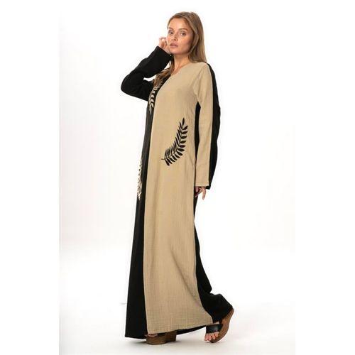 Uzun Kol Yaprak V Yaka Baskılı Müslin Uzun Otantik Yazlık Elbise Siyah/Vizon Syh/Vzn