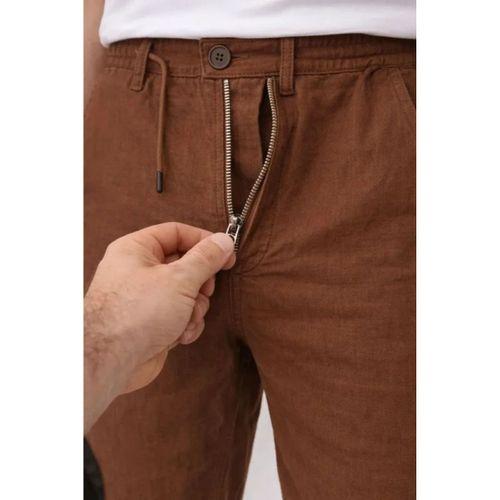 Erkek Keten Cepli Pantolon Lastikli Bel Bağcıklı Önden Fermuarlı - Kahverengi