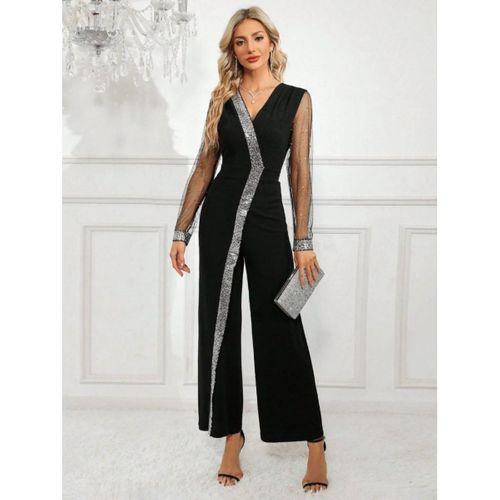 Kadın Uzun V Yakalı önden Pulpayet Detaylı Tüllü Uzun Ithal Krep Tulum