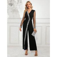 Kadın Uzun V Yakalı önden Pulpayet Detaylı Tüllü Uzun Ithal Krep Tulum