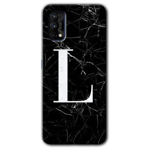 Realme 7 Pro Kılıf HD Desen Baskılı Arka Kapak + Temperli Cam - Siyah Mermer Desenli L Harfi