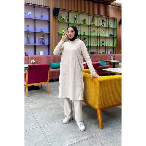 Kapşonlu Yandat Çıtçıtlı Sade Basic Uzun Tunik ve Pantolon İkili Spor Takım - 03071.027 - Ekru