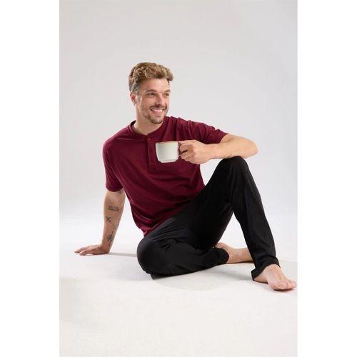Erkek Bordo Düğmeli Yaka Kısa Kol Pijama Takımı