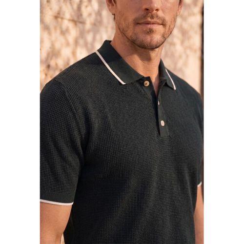 Balzac Yakası Şeritli Düğmeli Polo Yaka Basic Günlük Petek Örgü Triko Erkek T-Shirt - Siyah