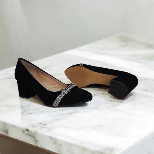 Fiyra 7034 Siyah Süet Taşlı 5 cm Kalın Kare Bayan Topuklu Ayakkabı