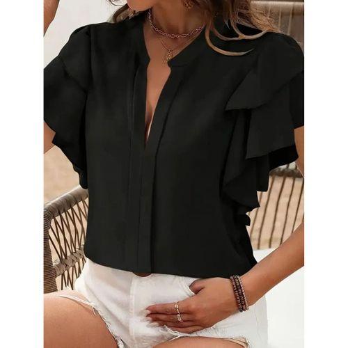 Kadın Kısa Kollu V Hakim Yaka Kolları Fırfırlı Dubai Bluz
