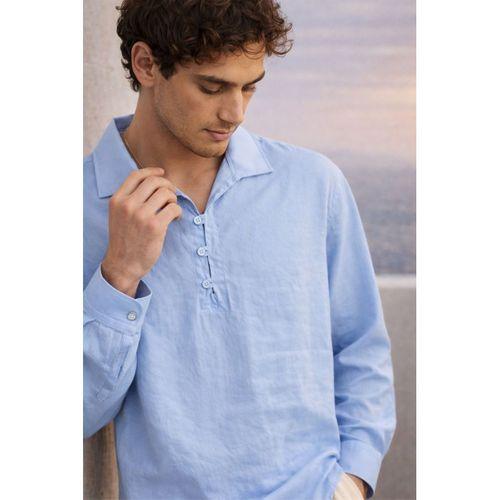 Baldwin Apaş Yaka Britli 3 Düğmeli İnce Modal Kumaş Oversize Uzun Kollu Yazlık Erkek Gömlek - Soğuk Mavi
