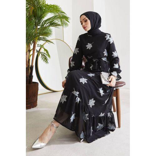 Şifon Bayan Elbise Tesettür Astarlı Yaprak Desenli Turkuaz Siyah 4515