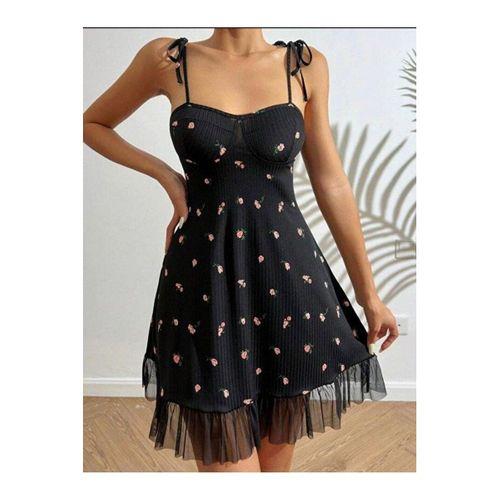 Kadın Siyah Pembe Gül Desenli Askılı Bağlamalı Dantel Detaylı Elbise 5072