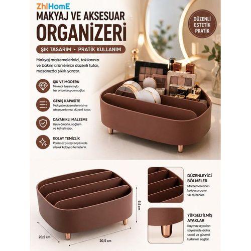 Zhlhome 4 Bölmeli Ayaklı Makyaj ve Takı Organizeri Estetik Tasarım Kahve