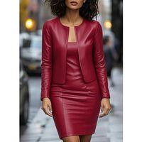 Kadın Uzun Kollu önü Açık Deri Ceket Ve Askılı Yuvarlak Yakalı Mini Elbise Ikili Takım