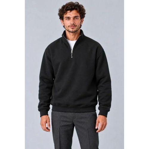 Erkek Üç İplik İçi Şardonlu Dik Yaka Yarım Fermuarlı Kışlık Sweatshirt - Siyah