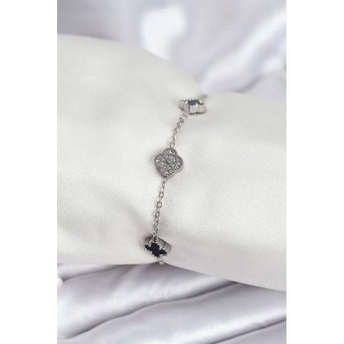 316L Çelik Gümüş Renk Siyah ve Zirkon Taşlı Baby Boy Yonca Kadın Bileklik