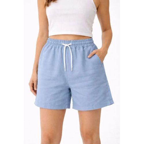 Keten Kumaş Cepli Rahat Kesim Bel Lastikli Şort - Mavi