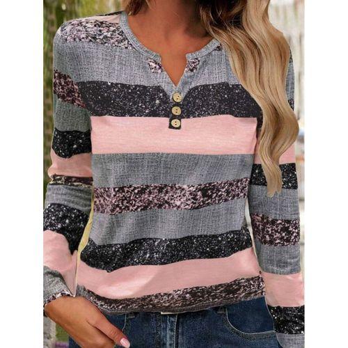 Kadın Uzun Kollu Yakadan Düğmeli çizgili Desenli Süprem Bluz