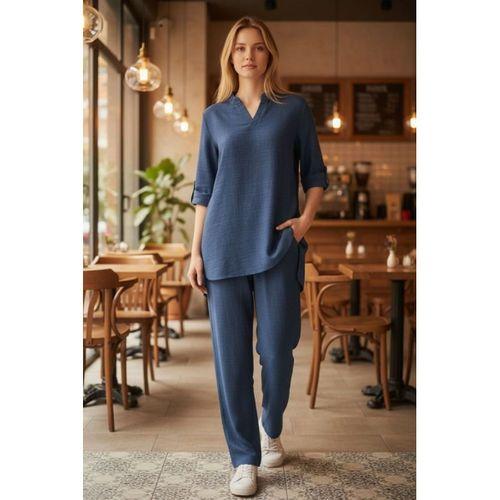 Kadın Kolu Katlanır Düğme Detay Hakim Yaka Bluzve Pantolon Sofia Keten Kumaş Ikili Takim