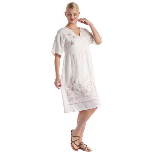 Kısa Kol Kırık Beyaz V Yaka Nakışlı Midi Boy Müslin Yazlık Elbise