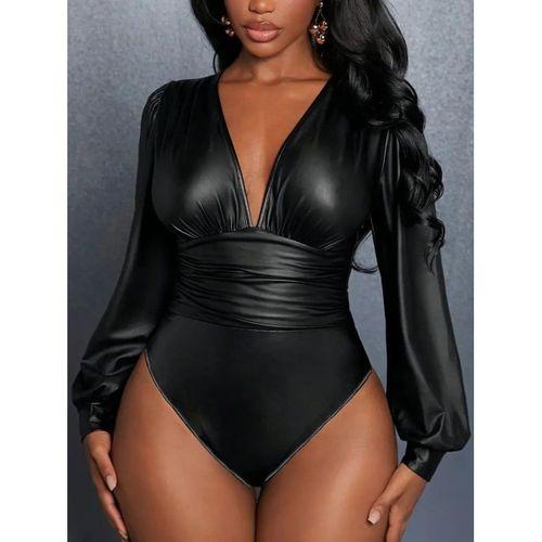 Kadın Uzun Kollu Derin V Yakalı Deri Zıbın