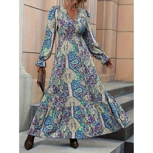 Kadın Uzun Kollu Kruvaze Yakalı Desenli Süprem Maxi Elbise