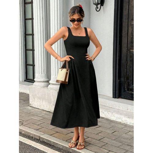 Kadın Askılı Kare Yakalı Uzun Ithal Krep Elbise