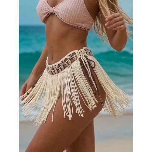 Ekru Bikini Üstü Deniz Kabuklu Püsküllü Pareo,beachwear,bikini Üstü El Emeği Plaj Eteği,bohem Etek