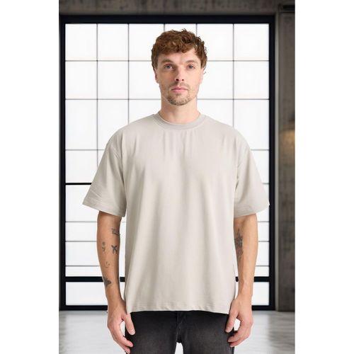 İki İplik Kumaş Pamuklu Bisiklet Yaka Basic Oversize Erkek T-Shirt - Mineral Gri