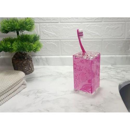 2 Adet Diş Fırçalık Pembe Çiçekli Akrilik 6X6X12Cm Banyo Seti