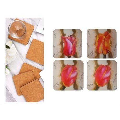 Ahşap Bardak Altlığı 4 Adet Çiçek Desen 9X9Cm