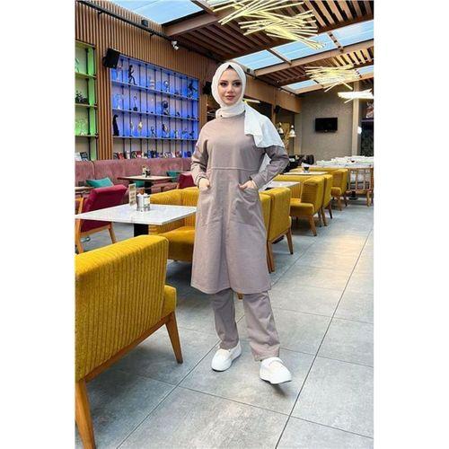 Önden İki Cepli Sade Basic Uzun Tunik Pantolon İkili Spor Takımı - 03067.016 - Vizon